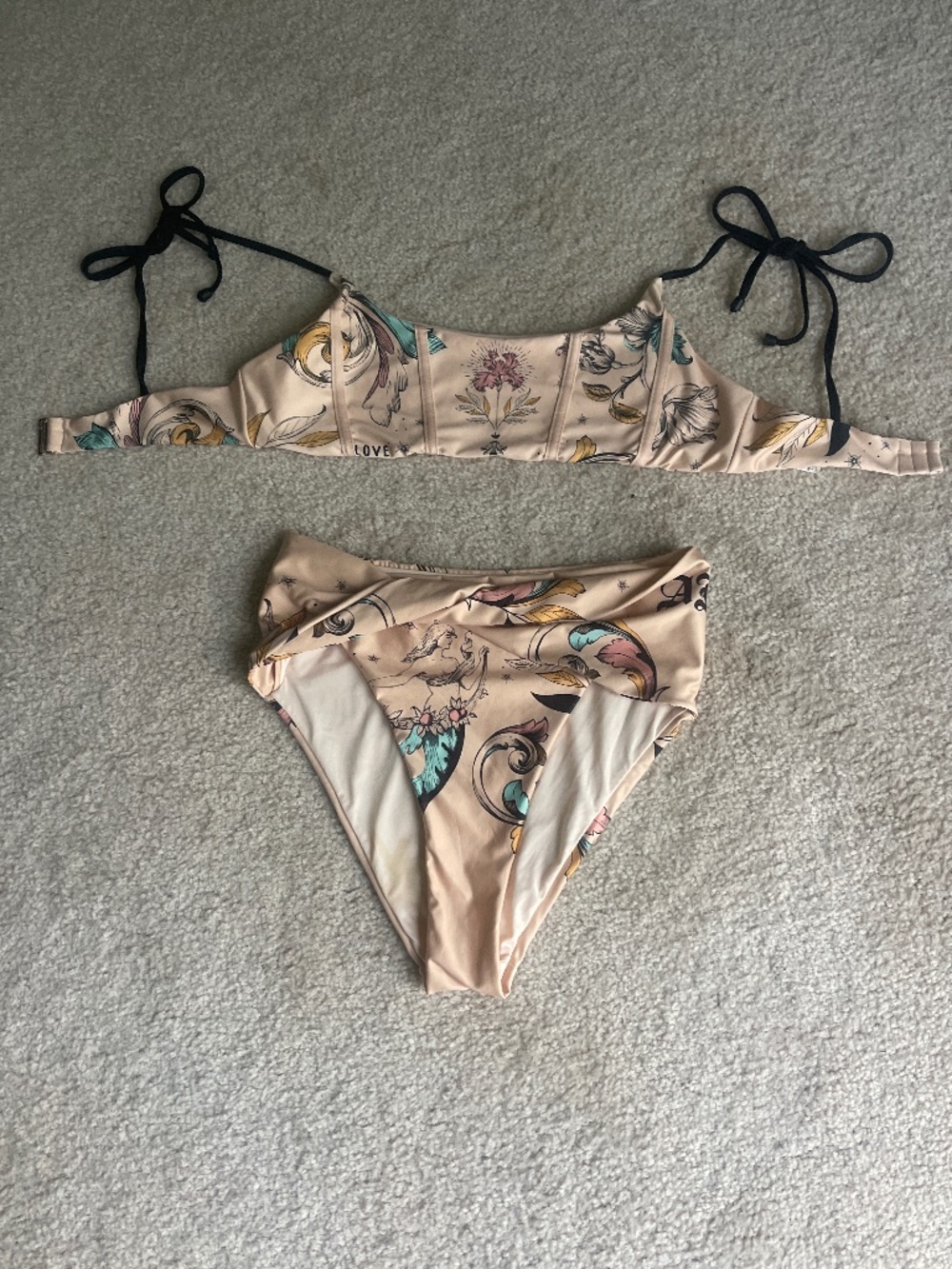 Agua Bendita Beige Floral High-Waist Bikini Set with Black Ties